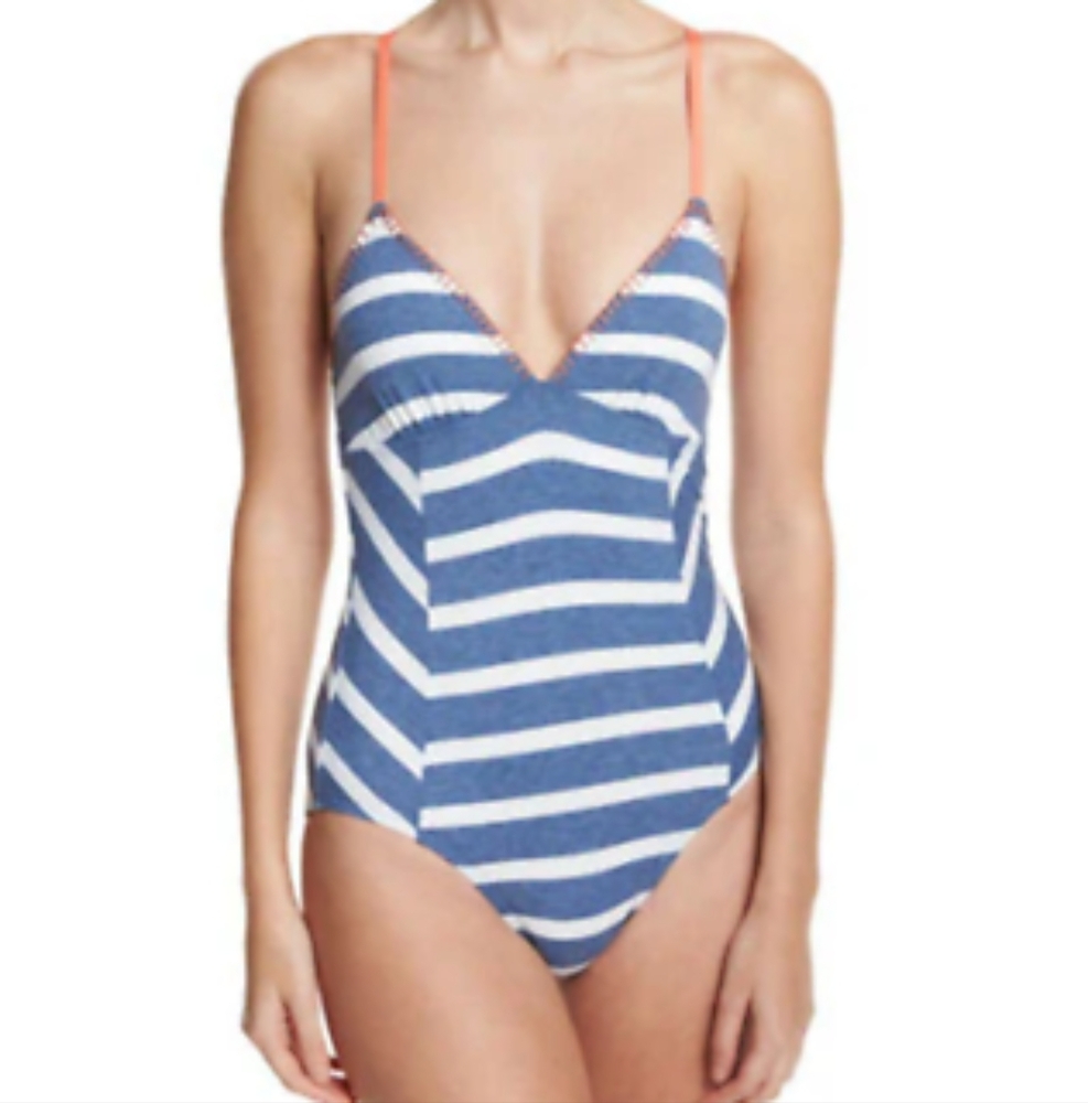 NWT Splendid Blue White Striped One Piece Swimsuit Small Open Back